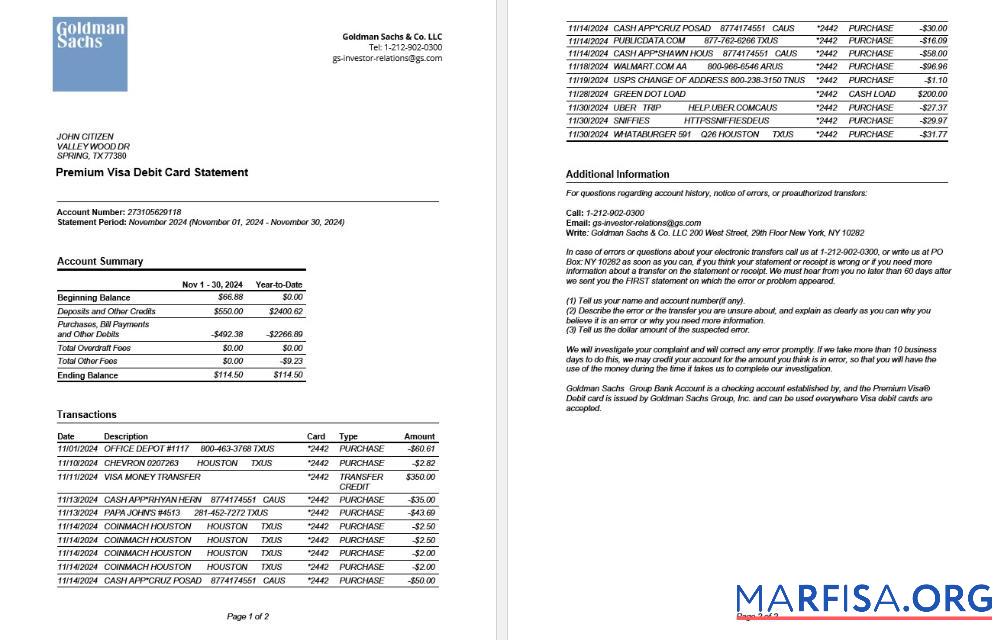 Realistic USA Goldman Sachs bank premium visa debit card statement word template